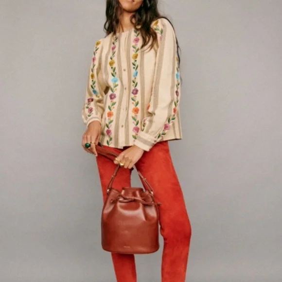 SEZANE Yellow Ecru Pink Striped Floral Embroidered Button Down Aina Blouse Shirt - Picture 16 of 16